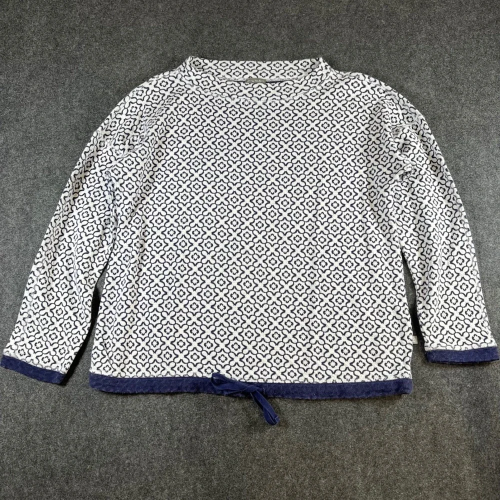 T by Talbots‎ Navy White Geometric Quatrefoil Drawstring Hem Cotton Top LP
